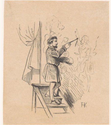 Man Painting a Canvas While Standing on a Staircase