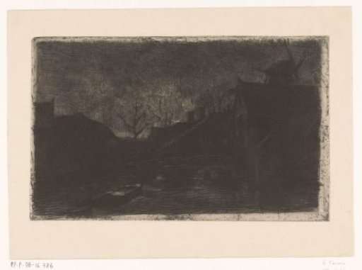 Landscape with houses and mill in the evening