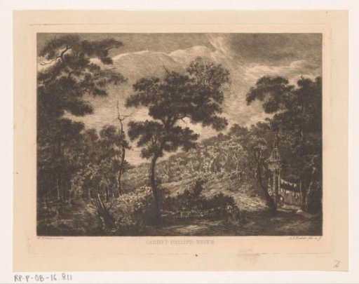 Hilly landscape with forest and wooden house