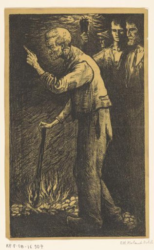 Worker with a burning torch and raised finger