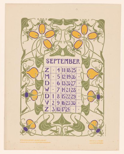 Calendar page September with flowers or fruit