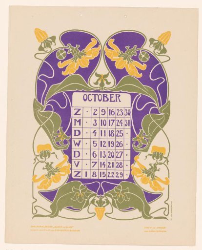 Calendar page October with flowers, possibly honeysuckle or clematis