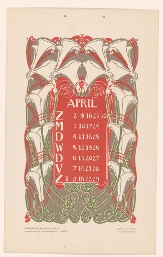 Calendar leaf April with arum lilies