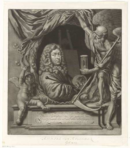 Self-portrait of Michiel van Musscher in an allegorical frame