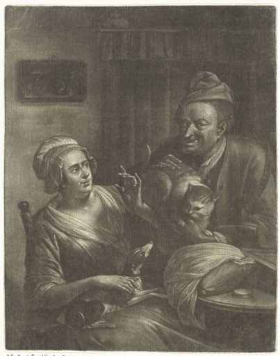 Two figures with a dog and a cat