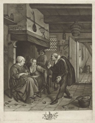 Tavern scene with two women who have eaten mussels