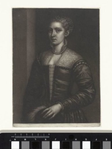 Woman in Venetian costume with a cap in her hands