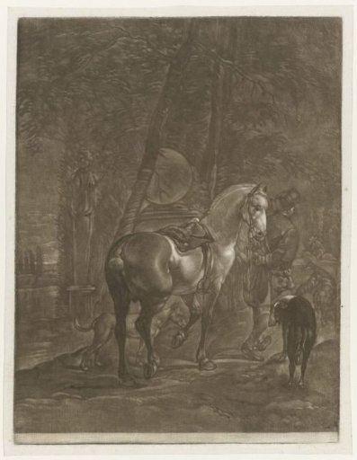 Man with a horse and dogs