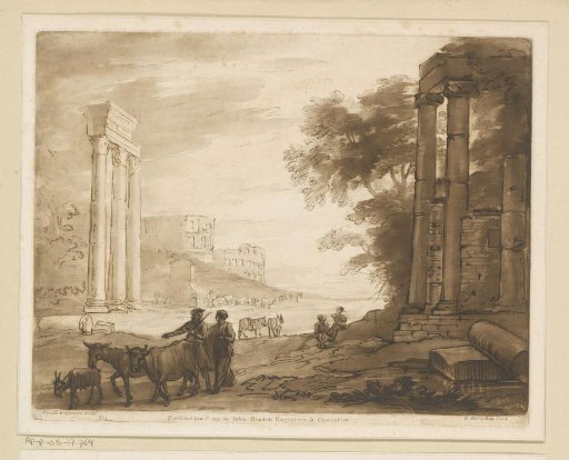 View in Rome with three columns of the Temple of Jupiter Stator and the Colosseum