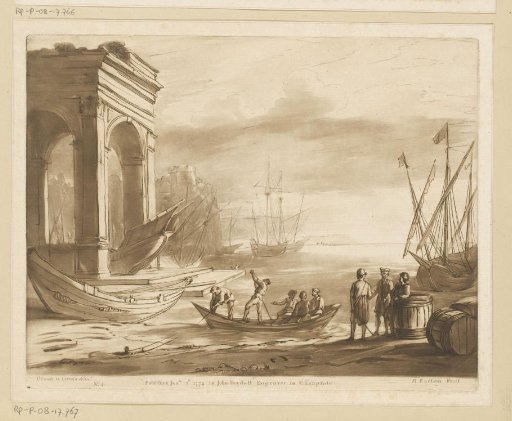 View of a seaport on a rocky coast with a Roman building