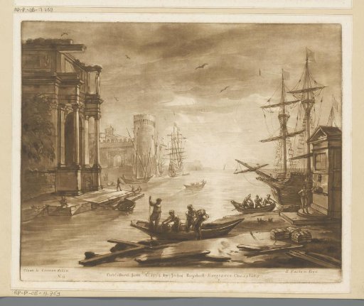 Harbour view with a Roman building and fountain at sunset