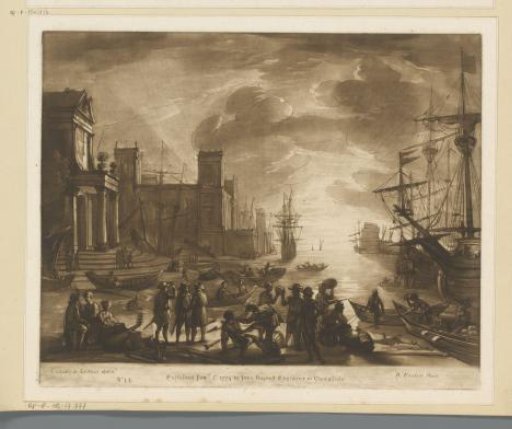 Seaport with setting sun and many figures and buildings on the shore