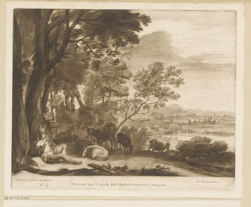 Landscape with a shepherd playing the flute under a tree and six head of cattle