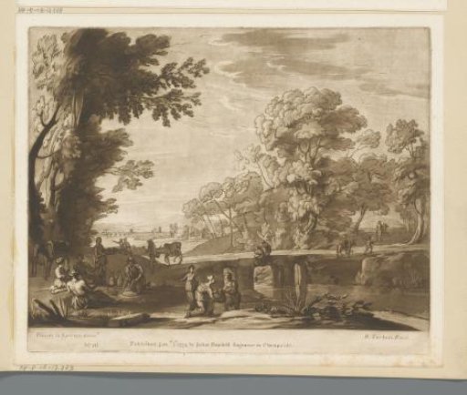Landscape with stone bridge and four figures enjoying their meal