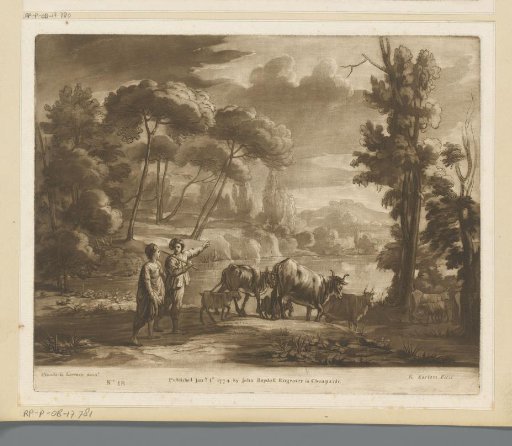 Landscape with lake and two shepherds with cattle