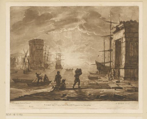 Seaport with Roman triumphal arch, tower and setting sun