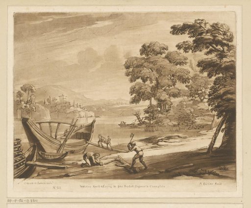 Landscape with lake and men engaged in shipbuilding