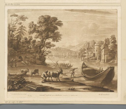 Landscape with cattle and ferry on a river