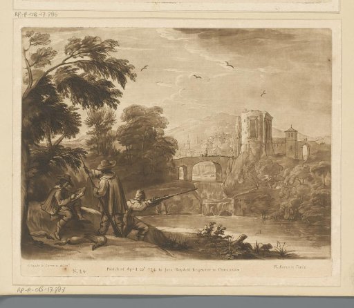Landscape near a village, with two hunters and a draftsman on a riverbank