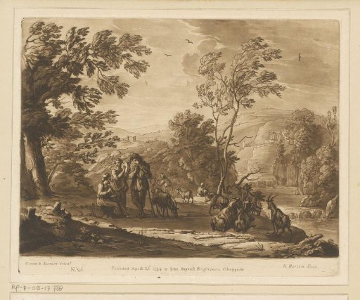 Hilly landscape with cattle and three music-making shepherds