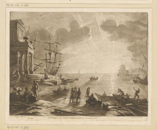 Seaport with classical building and figures on shore, at sunset