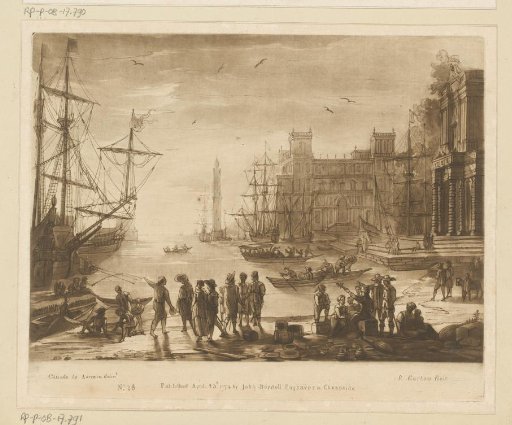 Seaport with many figures and two buildings