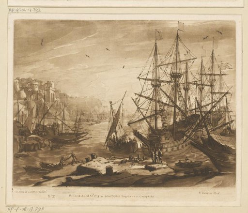 Rocky coast with moored sailing ships