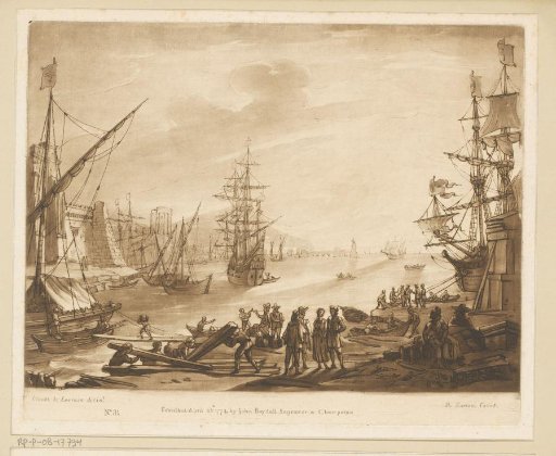 View of harbour with sailing ships, city wall and temple ruin