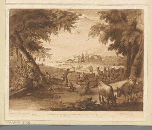 Landscape with resting shepherds under a tree and a drover