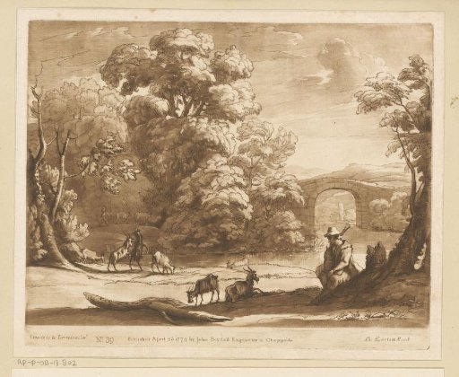 Landscape with resting hunter, goats and bucks by a shore