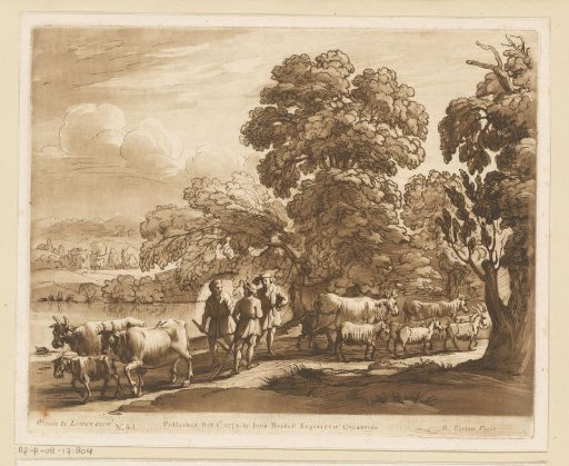 Landscape with cattle and three talking shepherds on a riverbank