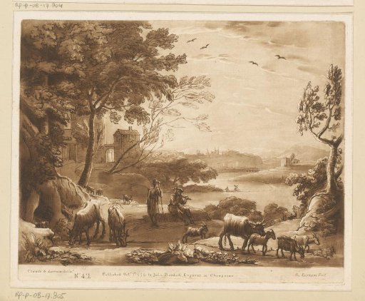Landscape with shepherdess and flute-playing shepherd by a lake