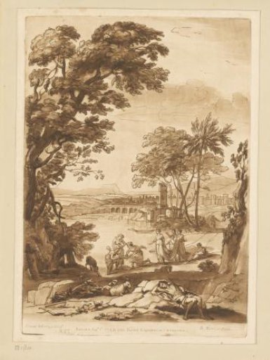 Landscape by a lake with the Finding of Moses