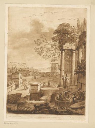 Landscape with ruins and women placing a body in a sarcophagus