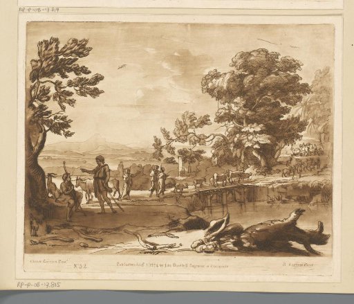 Landscape with Resting Shepherds and Cattle Walking over a Wooden Bridge
