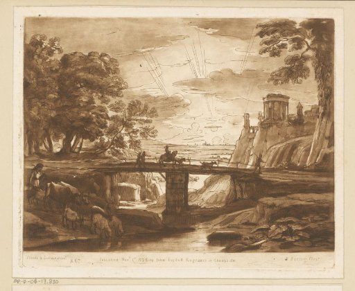 Landscape with travellers crossing a bridge at sunset
