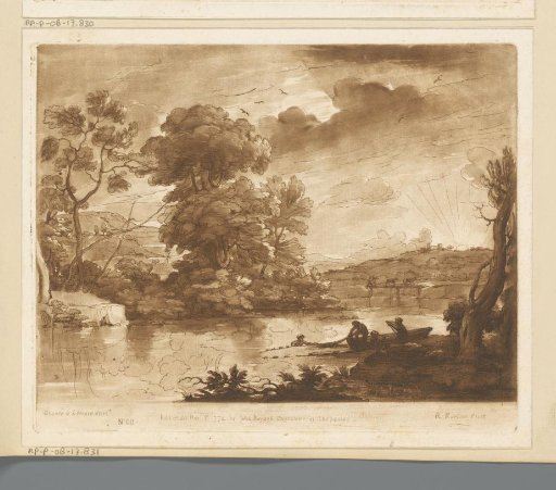 Landscape with fishermen hauling in a net at sunset