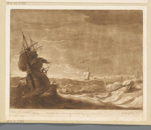 Storm at sea with figures fleeing from a ship