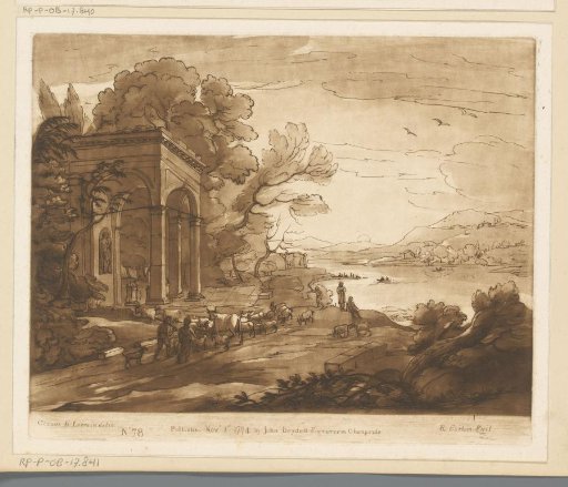 Landscape with drovers along a lake and a classical building