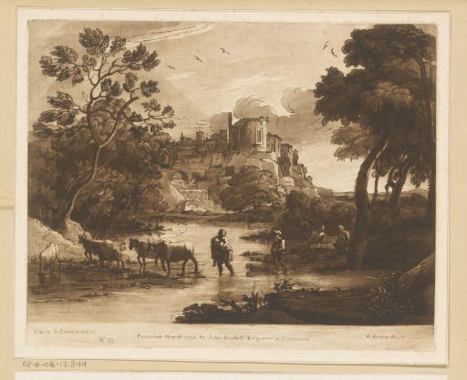 Landscape near a town with shepherds and cattle crossing a brook