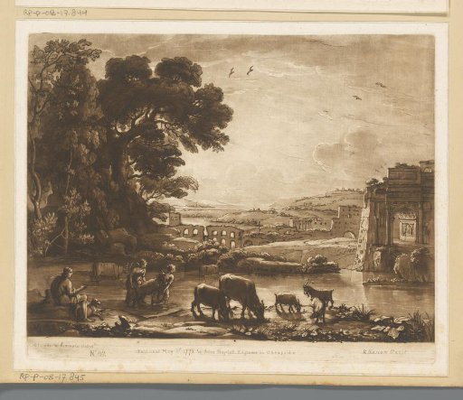 Landscape with shepherds, cattle and triumphal arch around a lake