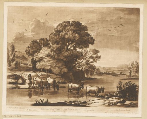 Landscape with five cows and a shepherd crossing a river