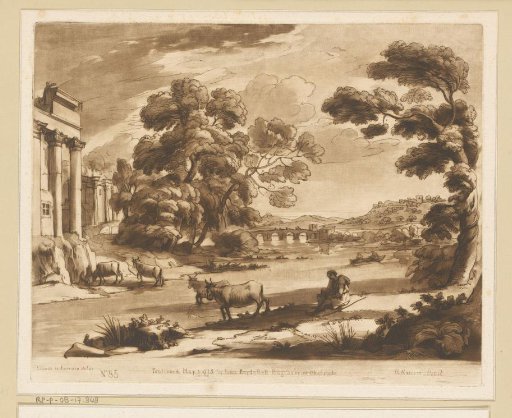 Landscape with resting shepherd and four cows crossing a river