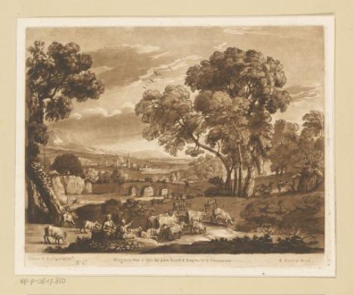 Landscape with shepherdesses, cattle and fight on a bridge