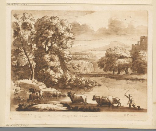 Landscape with waterfall and five oxen and shepherd crossing a river