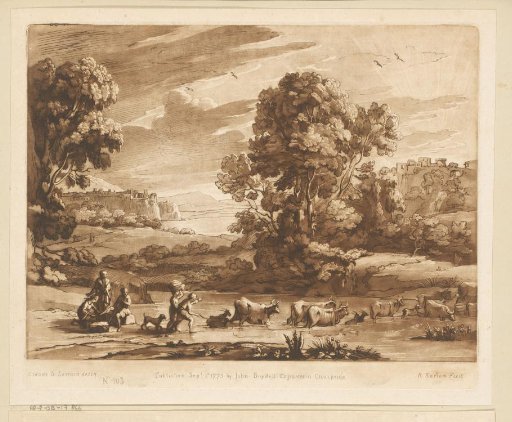 Landscape with two towns on hills and drovers crossing river