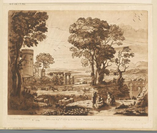 Landscape with ruin, tower, stone bridge and music-making shepherds