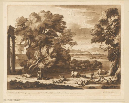 Landscape with resting shepherd, two shepherdesses and cattle by the water