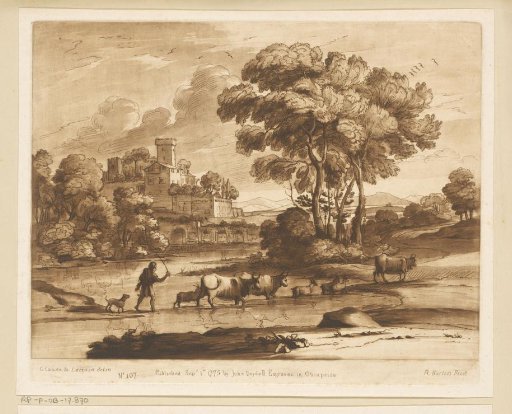 Landscape with a town on a hill and a drover crossing a river
