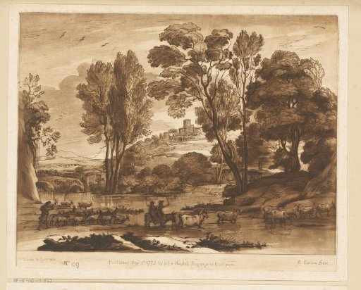 Landscape with a village on a hill and three drovers crossing a river